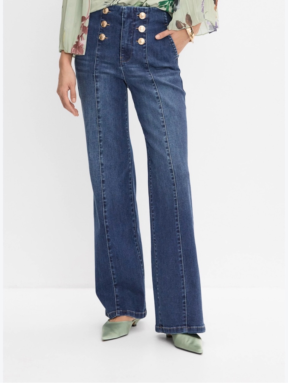 Melanie Lyne High-Waisted Stretch Wide-Leg Jeans with Gold Buttons